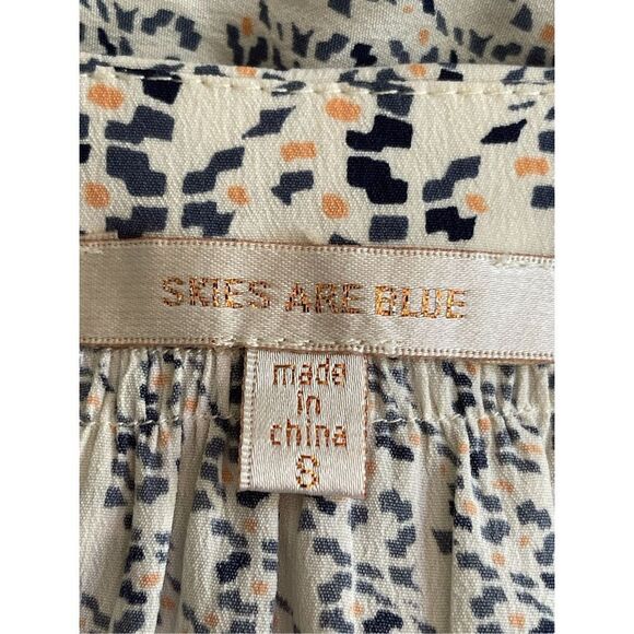 Skies Are Blue Womens Cream Geometric 3/4 Balloon Sleeve V Neck Top Blouse Small - Picture 3 of 4